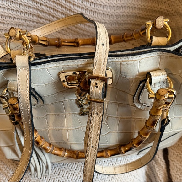 Elegant Pratesi Firenze Sarteano Bamboo Handle Cream Croc Embossed Leather - Picture 14 of 16